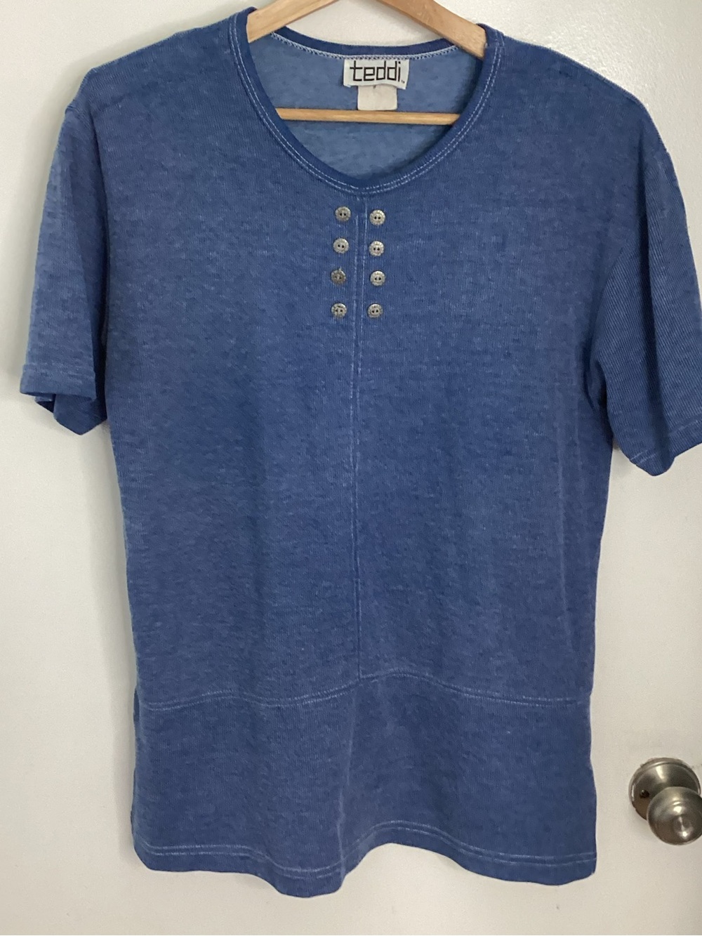 Vtg Teddi Blue Short Sleeve Henley-Style Tee with Button Placket L/XL